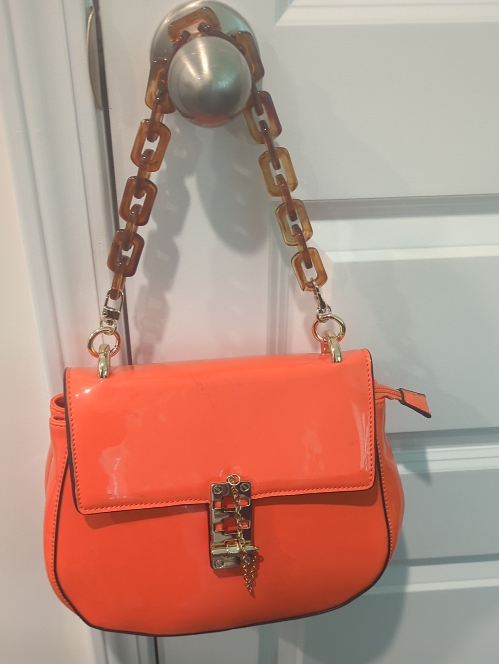 Orange Patent Leather Chain Strap Shoulder Bag